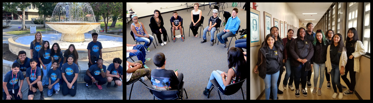 3 pictures - Picture 1: Students and teacher standing in front of water fountain, Picture 2: Students engaging in class circle, Picture 3: Students and teachers smiling