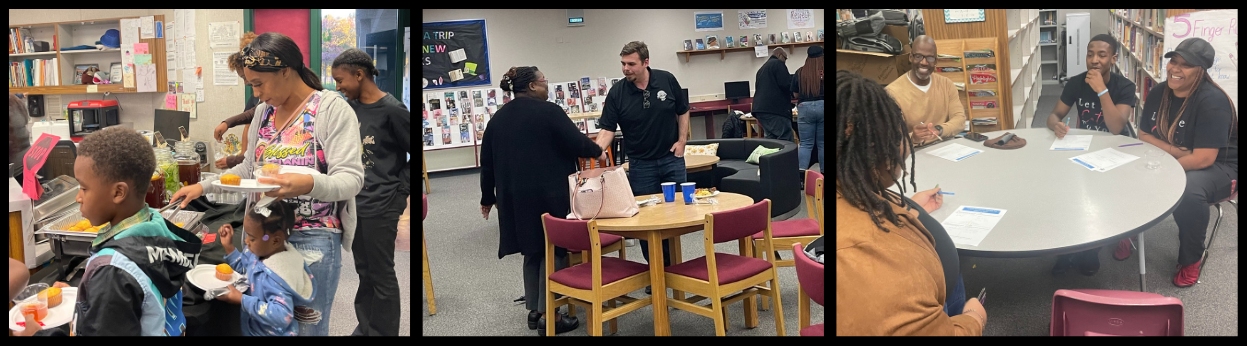 3 pictures - Picture 1: Family choosing dinner items, Picture 2: Parent and teacher shaking hands, Picture 3: Parents engaging in conversation at table 